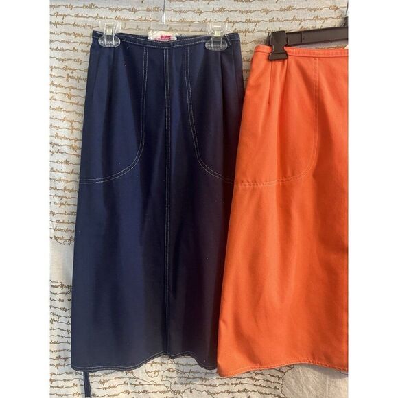 Lot 2 Vintage 70s  Wrap Skirt Womens Orang Blue Contrast Stitching Pockets Retro - Picture 3 of 7